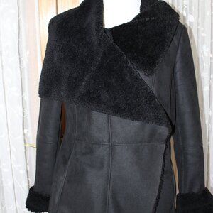 C B Women Jacket Coat Double Breasted L Faux Black Suede Full Lined Sherpa hook